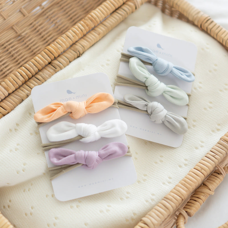Mini Moñitos Nudo en Amarillo Bebé - Melón -Lavanda - algodon pima certificado GOTS
